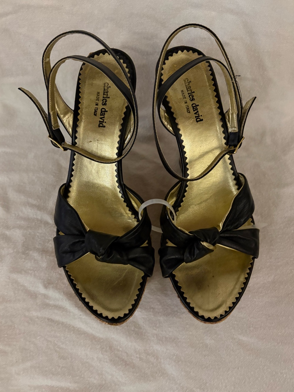 Charles David soft Leather Black/Gold Knotted Front Ankle-Strap Wedge Sandals